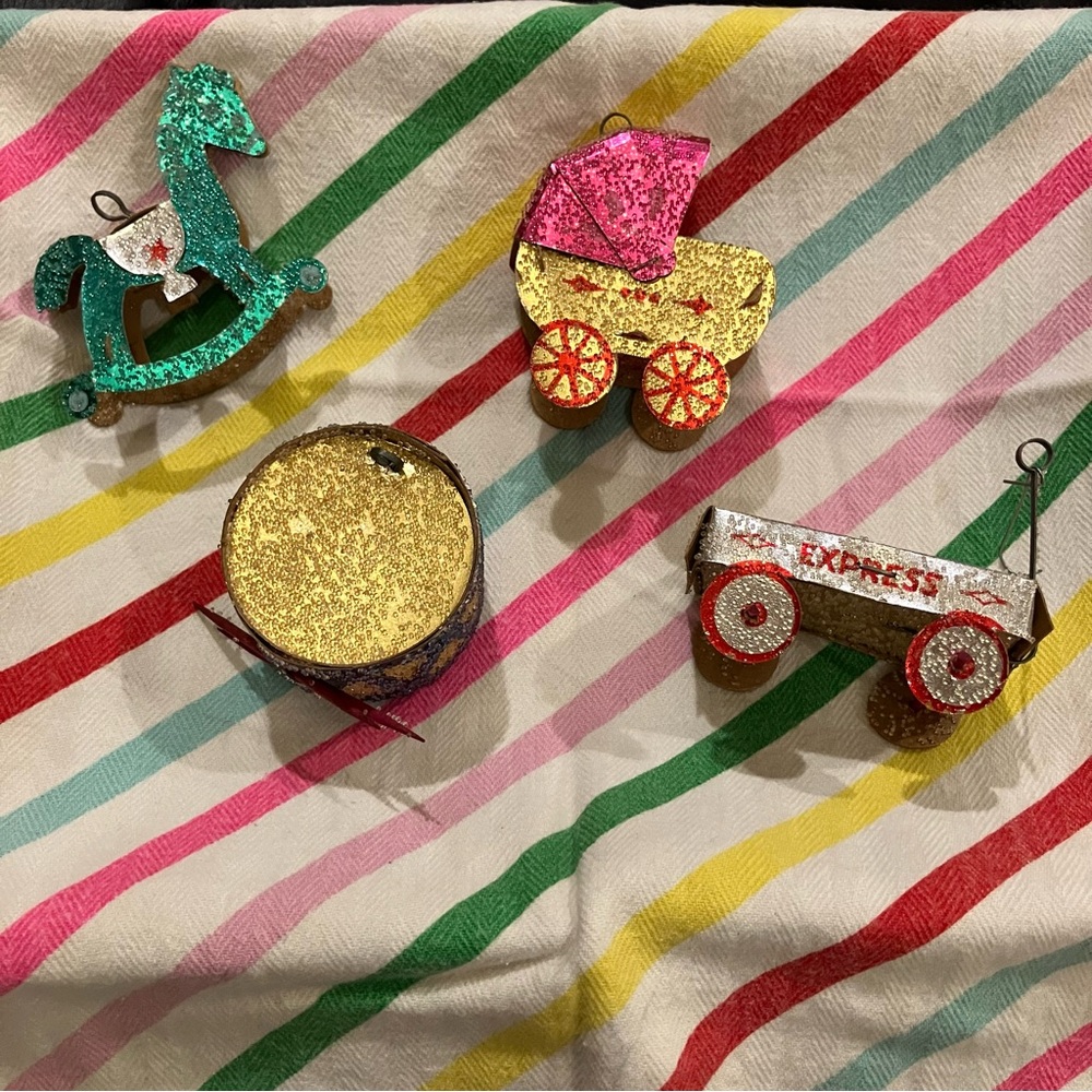 Set of 4 Vintage Mica Putz Cardboard Christmas Ornaments, Made in Japan